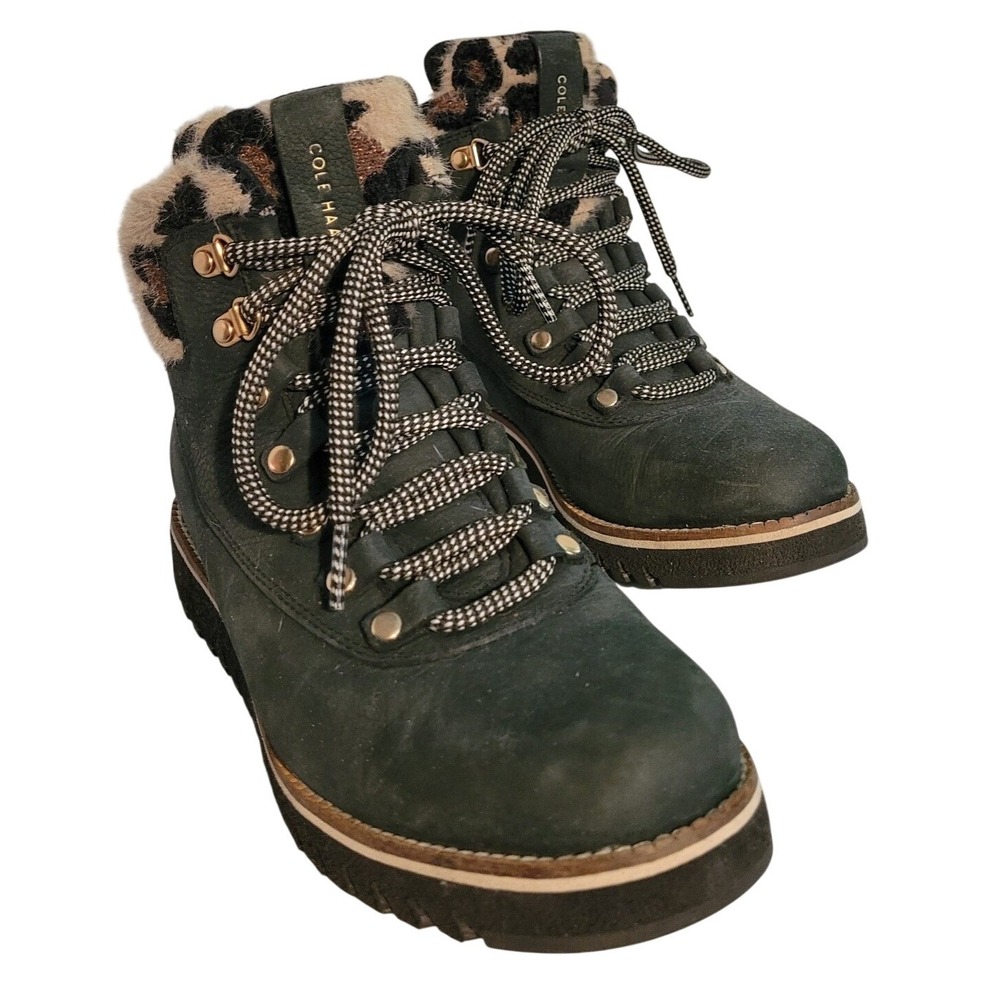 Cole Haan Zerogrand Explorer Hiker Boots Green Leather‎ Leopard Fur W20398 7.5B